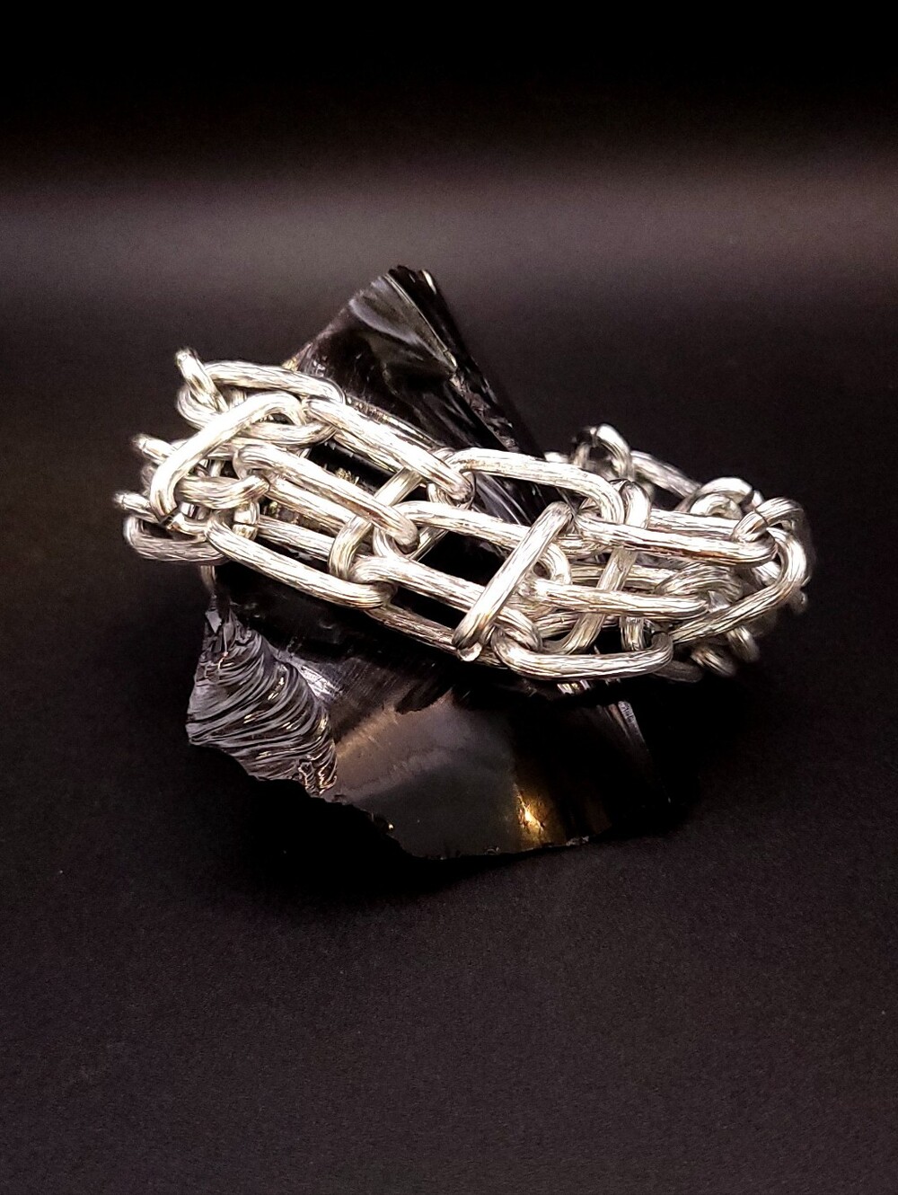 Vintage Silver Tone Textured Link Bracelet Modernist Architectural Statement